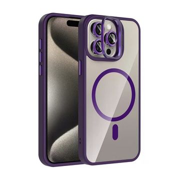 Fuchsia İphone 15 Pro Max İle Uyumlu Remim Derin Mor Lensli Kablosuz Şarj Özellikli Standlı Kapak