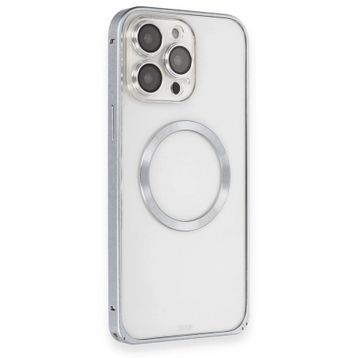 Fuchsia İphone 15 Pro Max Uyumlu Metal Bumper Magneticsafe Gri Kılıf