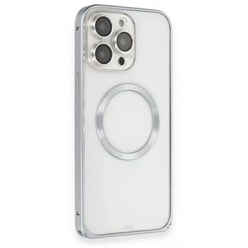Fuchsia İphone 15 Pro Max Uyumlu Metal Bumper Magneticsafe Gri Kılıf