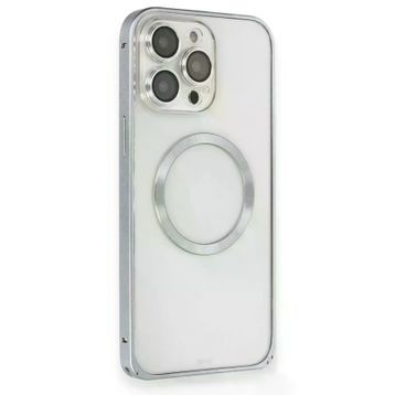 Fuchsia İphone 15 Pro Max Uyumlu Metal Bumper Magneticsafe Gri Kılıf