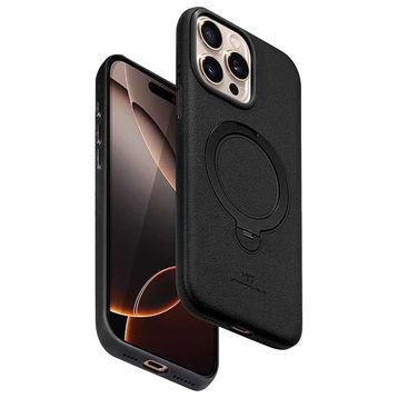 Fuchsia İphone 15 Pro Max Uyumlu Vapor Siyah Deri Kablosuz Şarj Özellikli Standlı Kılıf