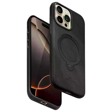 Fuchsia İphone 15 Pro Max Uyumlu Vapor Siyah Deri Kablosuz Şarj Özellikli Standlı Kılıf