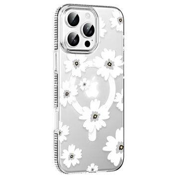 Fuchsia İphone 16 Pro Max İle Uyumlu Floral Beyaz Kablosuz Şarj Özellikli Kapak