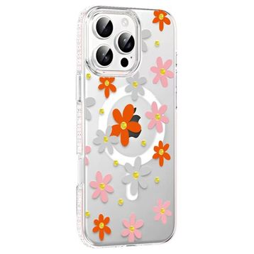 Fuchsia İphone 16 Pro Max İle Uyumlu Floral Turuncu Kablosuz Şarj Özellikli Kapak