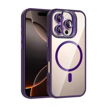 Fuchsia İphone 16 Pro Max Uyumlu Remim Lensli Derin Mor Kablosuz Şarj Özellikli Standlı Kapak