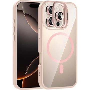 Fuchsia İphone 16 Pro Max Uyumlu Remim Lensli Pembe Kablosuz Şarj Özellikli Standlı Kapak