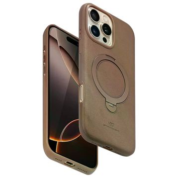 Fuchsia İphone 16 Pro Uyumlu Vapor Gold Deri Kablosuz Şarj Özellikli Standlı Kılıf