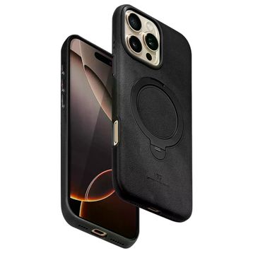 Fuchsia İphone 16 Pro Uyumlu Vapor Siyah Deri Kablosuz Şarj Özellikli Standlı Kılıf
