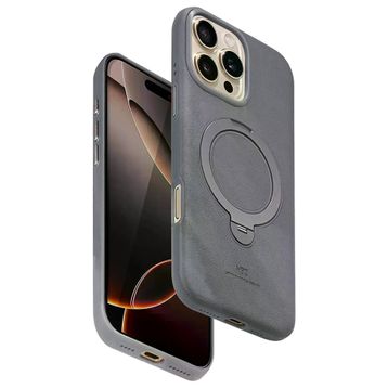 Fuchsia İphone 16 Pro Uyumlu Vapor Titan Gri Deri Kablosuz Şarj Özellikli Standlı Kılıf