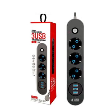 Fulltech 3xUSB Girişli 4'lü 2 mt 2500W Akım Korumalı Priz