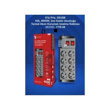 Fulltech FTR-08 3X USB 2 m 8'li Priz Uzatma Kablosu