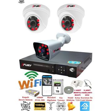 Fury 14125525 2 İç 1 Dış Kameralı 5MP Lens 2MP 1TB Görüntü Gece Görüşlü FHD Güvenlik Kamerası