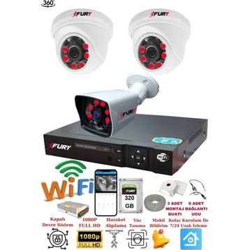 Fury 14125525 2 İç 1 Dış Kameralı 5MP Lens 2MP 320GB Görüntü Gece Görüşlü FHD Güvenlik Kamerası
