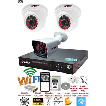 Fury 14125525 2 İç 1 Dış Kameralı 5MP Lens 2MP Görüntü 500GB Gece Görüşlü FHD Güvenlik Kamerası