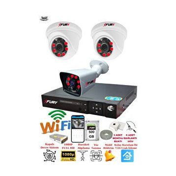 Fury 14125525 2 İç 1 Dış Kameralı 5MP Lens 2MP Görüntü 500GB Gece Görüşlü FHD Güvenlik Kamerası