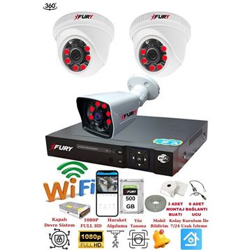 Fury 14125525 2 İç 1 Dış Kameralı 5MP Lens 2MP Görüntü 500GB Gece Görüşlü FHD Güvenlik Kamerası
