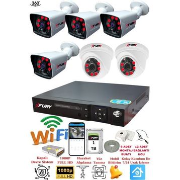 Fury 14125525 2 İç 4 Dış Kameralı 5MP Lens 2MP Görüntü 1TB Gece Görüşlü Full HD Güvenlik Kamerası