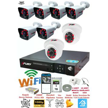 Fury 14125525 2 İç 6 Dış Kameralı 5MP Lens 2MP Görüntü 1TB Gece Görüşlü Full HD Güvenlik Kamerası