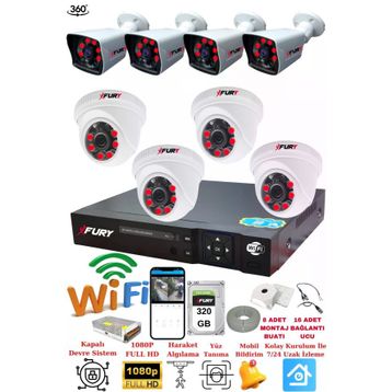 Fury 14125525 4 İç 4 Dış Kameralı 5MP Lens 2MP Görüntü 320GB Gece Görüşlü Full HD Güvenlik Kamerası