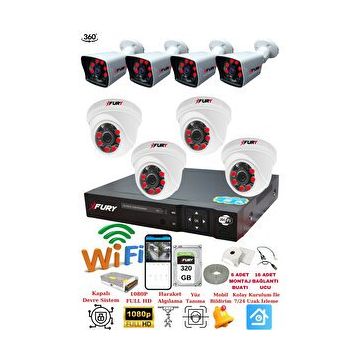 Fury 14125525 4 İç 4 Dış Kameralı 5MP Lens 2MP Görüntü 320GB Gece Görüşlü Full HD Güvenlik Kamerası