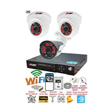 Fury 14125570 2 İç 1 Dış Kameralı 5MP Lens 2MP Görüntü 1TB Gece Görüşlü Full HD Güvenlik Kamerası