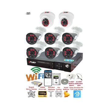 Fury 14125570 2 İç 6 Dış Kameralı 5MP Lens 2MP Görüntü 1TB Gece Görüşlü Full HD Güvenlik Kamerası