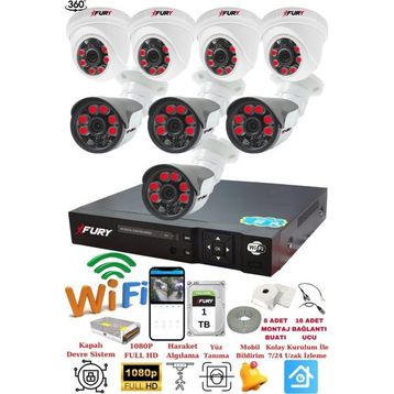 Fury 14125570 4 İç 4 Dış Kameralı 5MP Lens 2MP Görüntü 1TB Gece Görüşlü Full HD Güvenlik Kamerası