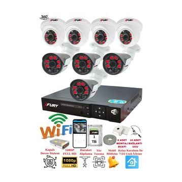 Fury 14125570 4 İç 4 Dış Kameralı 5MP Lens 2MP Görüntü 1TB Gece Görüşlü Full HD Güvenlik Kamerası