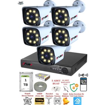Fury 5520W 5 Kameralı 5MP Lens 1080P 2MP Color Görüntü 1TB 8 Warm Led Gece Görüş Full HD Güvenlik Kamera