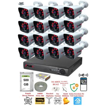 Fury 5525A 16 Kameralı 5MP Lensli 1080P 2MP Görüntü 6 Atom 500GB Gece Görüşlü Full HD Güvenlik Kamerası
