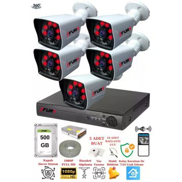 Fury 5525A 5 Kameralı 5MP Lensli 1080P 2MP Görüntü 500GB 6 Atom Gece Görüşlü Full HD Güvenlik Kamerası