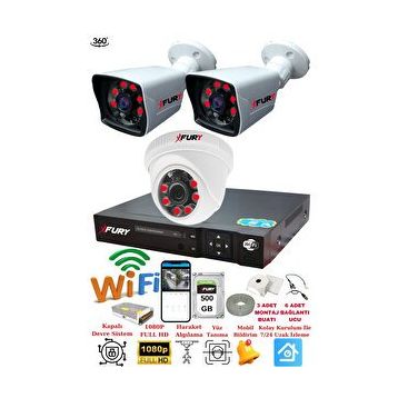 Fury 5525DI 3 Kameralı 5MP 3.6 mm Lens 2MP Görüntü 500GB 6 Atom Led Gece Görüşlü Full HD Güvenlik Kamera