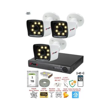 Fury 5525W 3 Kameralı 5MP Lens 1080P 2MP Color Görüntü 1TB 8 Warm Led Gece Görüş Full HD Güvenlik Kamera