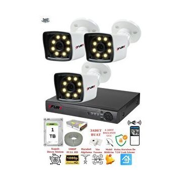 Fury 5525W 3 Kameralı 5MP Lens 1080P 2MP Color Görüntü 1TB 8 Warm Led Gece Görüş Full HD Güvenlik Kamera