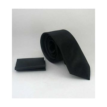 Gaffy SS-01 Siyah Slim Fit Düz Renk Mendilli Saten Kravat