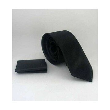 Gaffy SS-01 Siyah Slim Fit Düz Renk Mendilli Saten Kravat