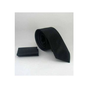 Gaffy SS-01 Siyah Slim Fit Düz Renk Mendilli Saten Kravat
