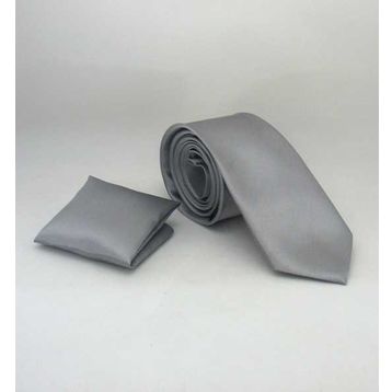 Gaffy SS-04 Gri Slim Fit Düz Renk Mendilli Saten Kravat