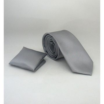 Gaffy SS-04 Gri Slim Fit Düz Renk Mendilli Saten Kravat