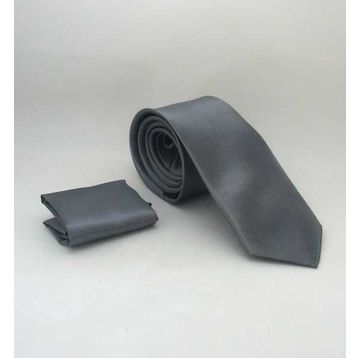 Gaffy SS-05 Füme Slim Fit Düz Renk Mendilli Saten Kravat