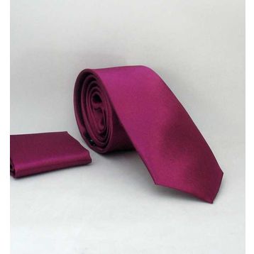 Gaffy SS-06 Mürdüm Slim Fit Düz Renk Mendilli Saten Kravat