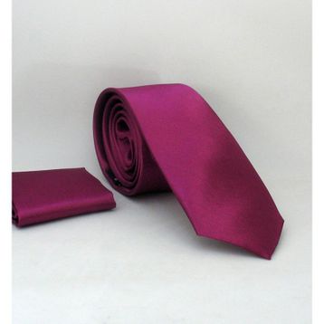 Gaffy SS-06 Mürdüm Slim Fit Düz Renk Mendilli Saten Kravat