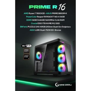 Game Garaj Prime R16 Ryzen 7 7800X3D 16 GB RAM 1 TB SSD RX 9060 XT FreeDOS Oyun Bilgisayarı