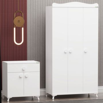 Garaj Home Yıldız 3 Kapaklı Beyaz Dolap ve Kapaklı Şifonyer