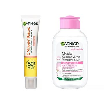 Garnier 40 ml C Vitamini Parlak Günlük Uv Korumalı Güneş Yüz Kremi Spf50 Işıltılı Doku & 100 ml Micellar Kusursuz Makyaj Temizleme Suyu Cilt Bakım Seti