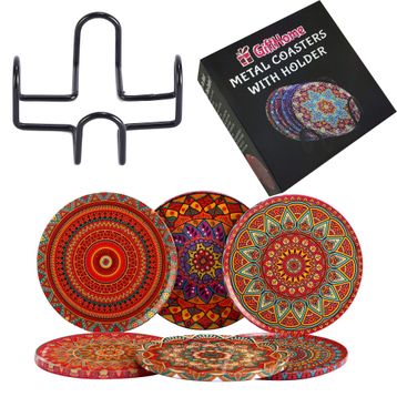 Gift Home 6'lı Çini Desenli Sunset Metal Bardak Altlığı ve Metal Stand