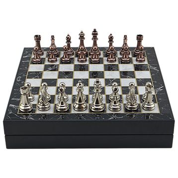 Gift Home Büyük Boy Metal Klasik 36x36 cm Satranç Takımı Antik ve Mermer Desenli Sandıklı Mdf Tahtası