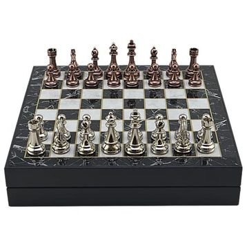 Gift Home Büyük Boy Metal Klasik 36x36 cm Satranç Takımı Antik ve Mermer Desenli Sandıklı Mdf Tahtası