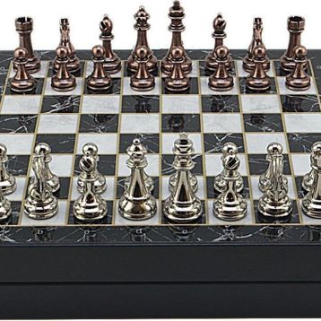 Gift Home Büyük Boy Metal Klasik 36x36 cm Satranç Takımı Antik ve Mermer Desenli Sandıklı Mdf Tahtası