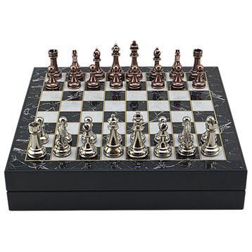 Gift Home Büyük Boy Metal Klasik 36x36 cm Satranç Takımı Antik ve Mermer Desenli Sandıklı Mdf Tahtası